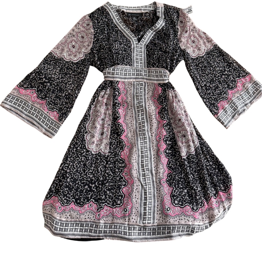 INC International ConceptsSilk Paisley Bell Sleeve Kimono Dress Pink WM's 10 EUC